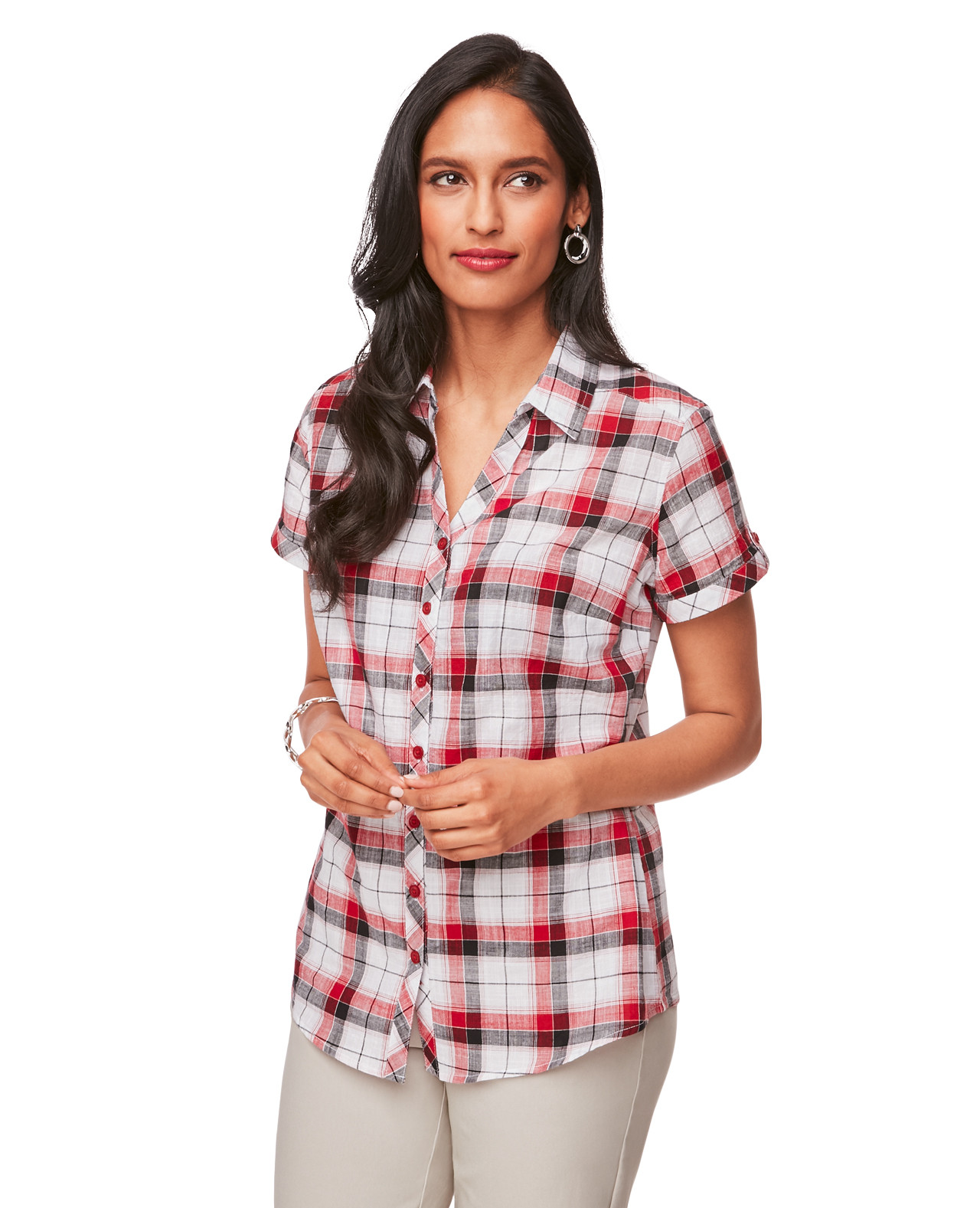 Short Sleeved Collared Button Down in Red and Black Plaid