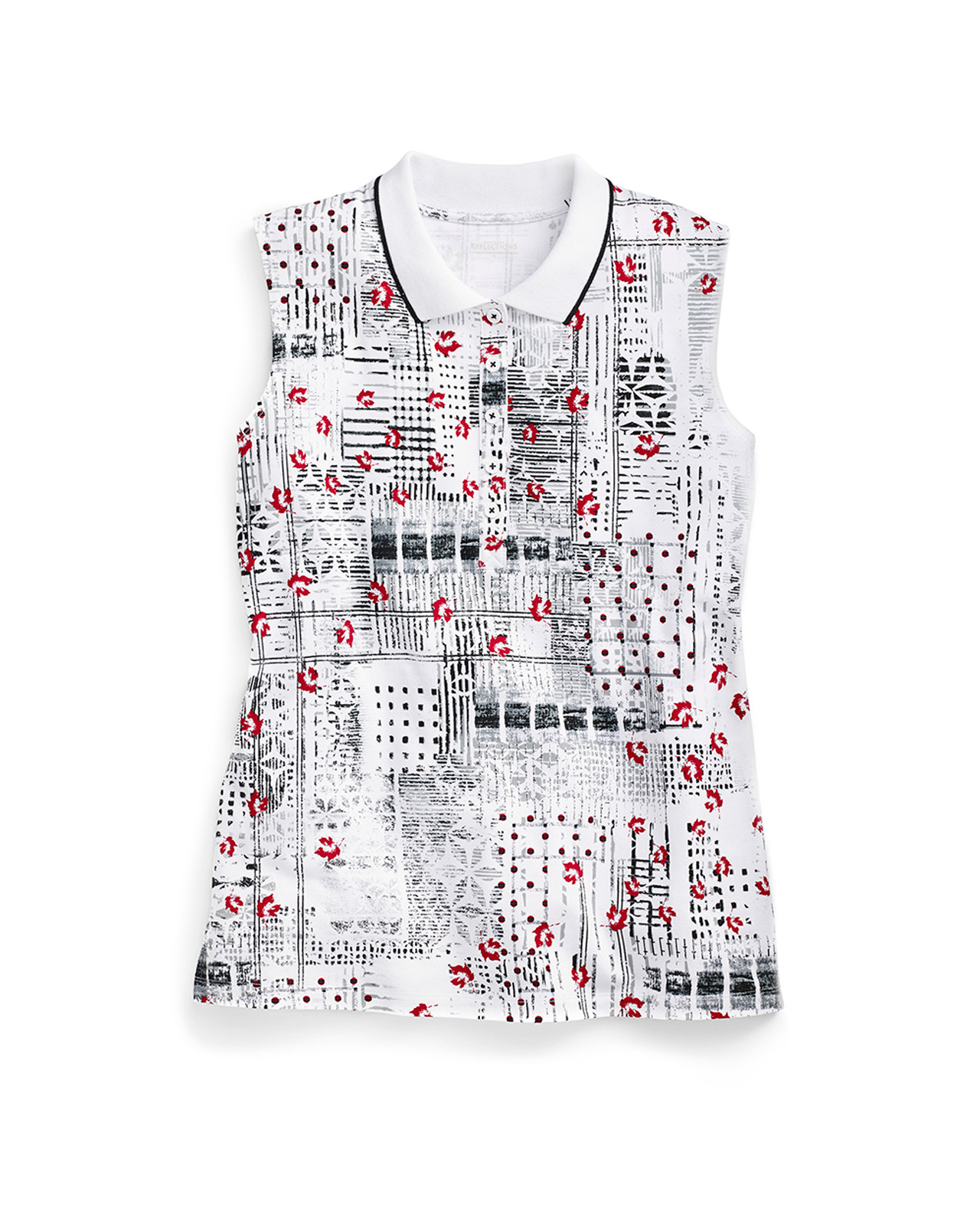 Women's Sleeveless Collared Polo Shirt in Black and White Geometric