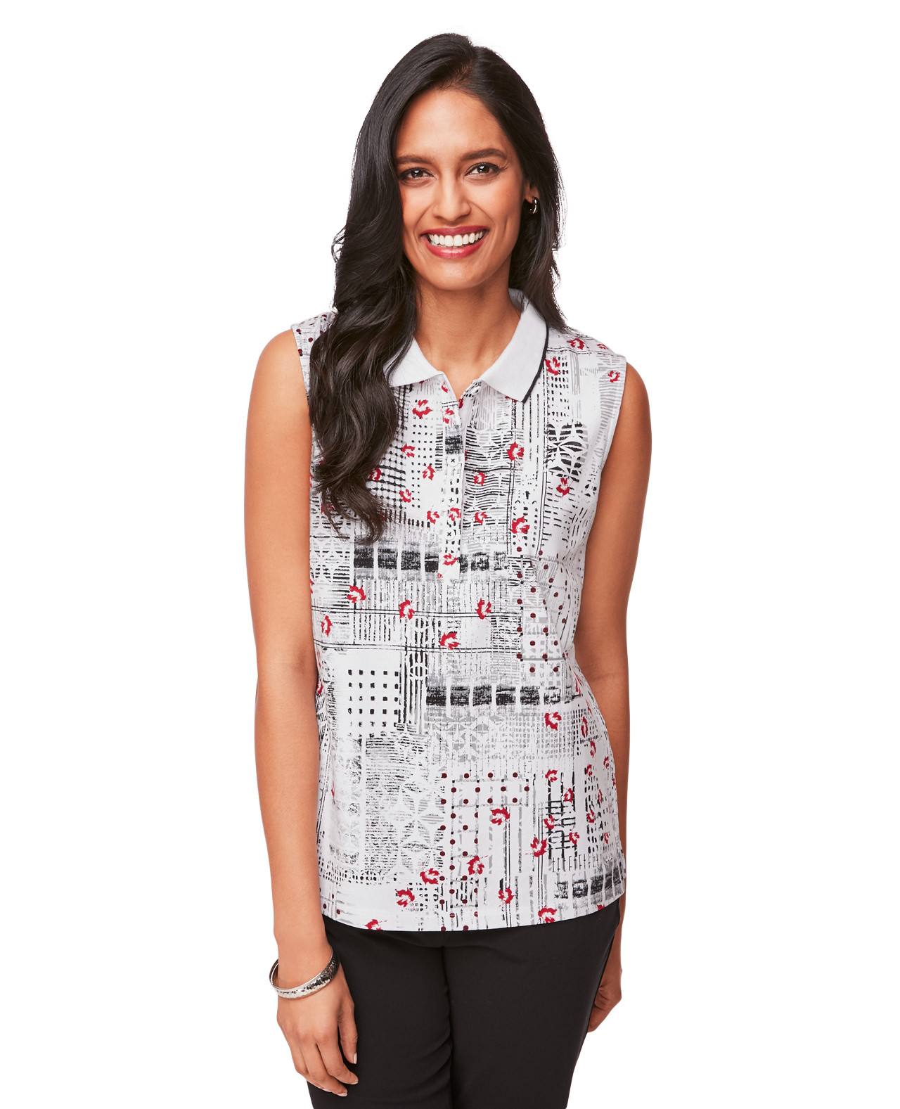 Women's Sleeveless Collared Polo Shirt in Black and White Geometric