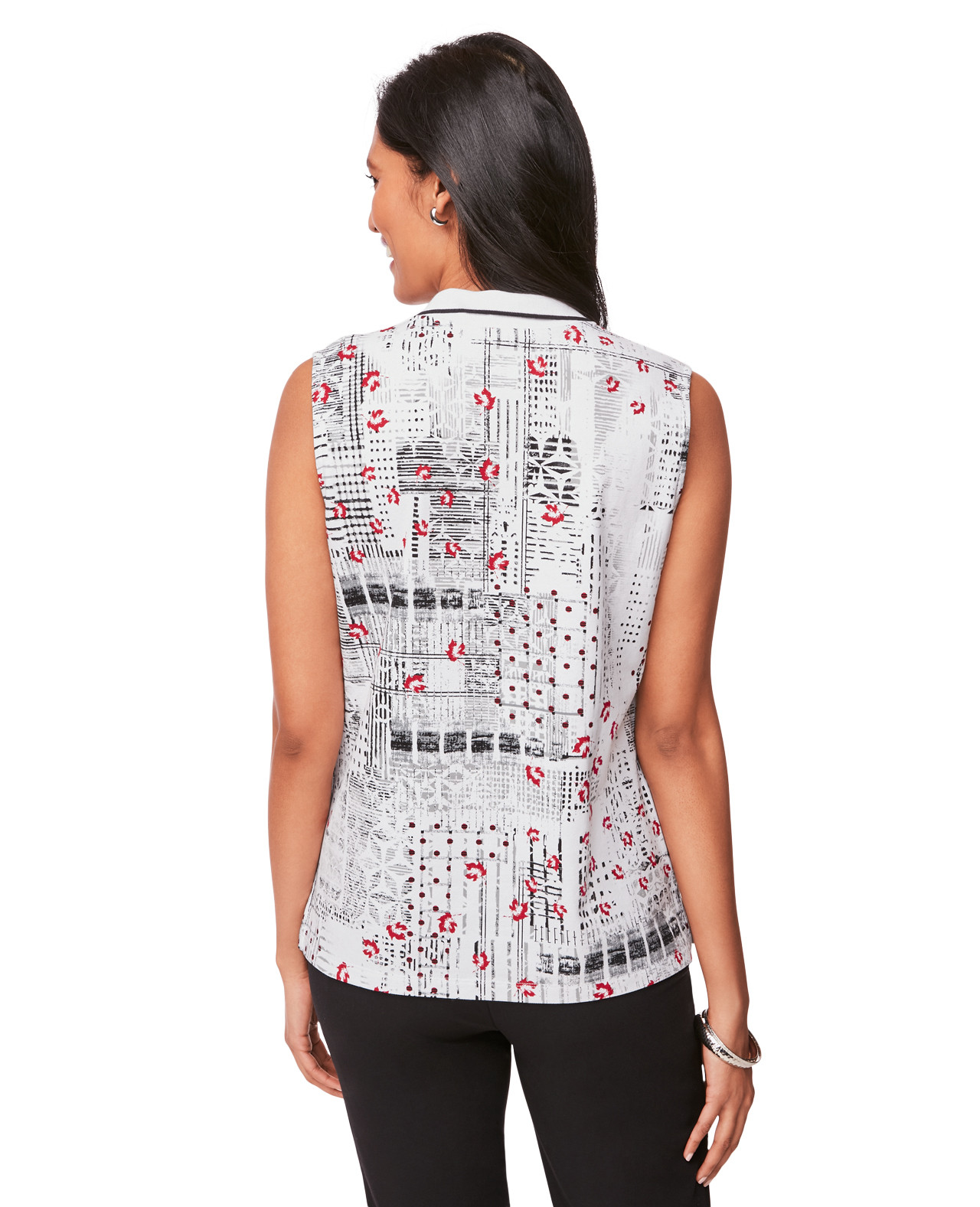 Women's Sleeveless Collared Polo Shirt in Black and White Geometric