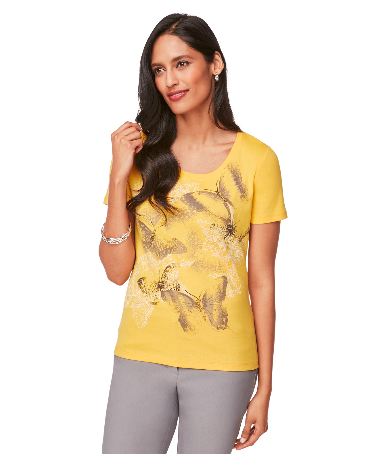 Women's Butterfly Print Tee in Marigold Yellow