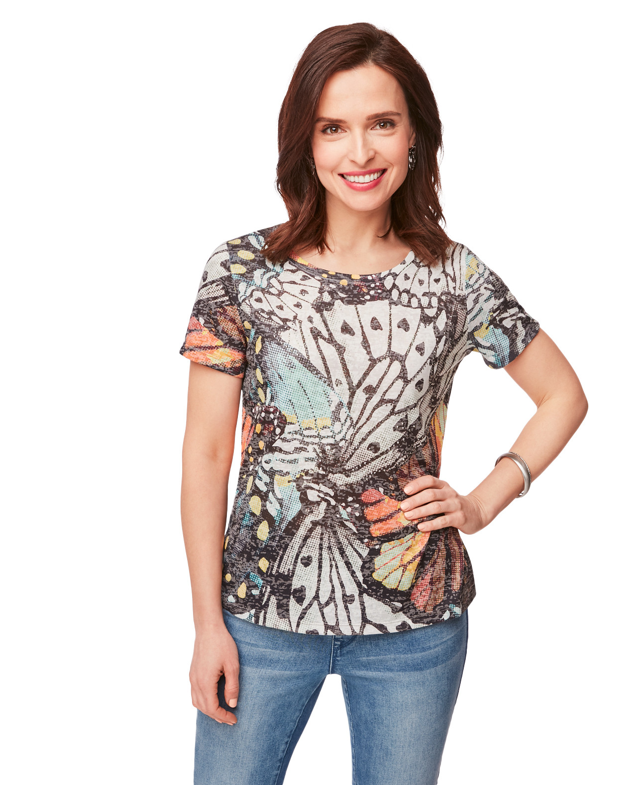 Women's Short Sleeve Lace Back Top in Butterfly Print