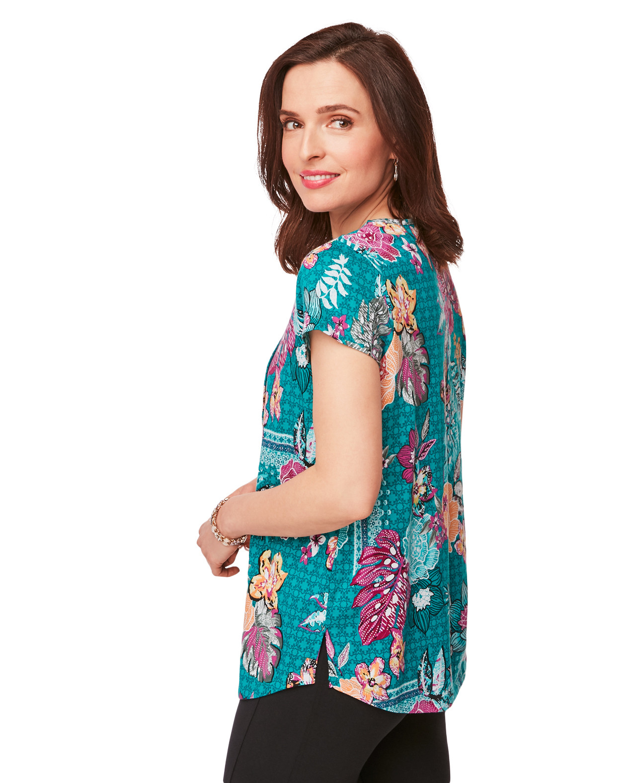 Women's Teal Floral Short Sleeve Shirt with Grommet Neckline