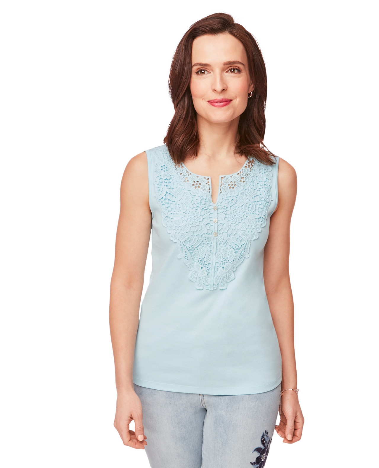 Women's Sleeveless Tank in Aqua Foam with Lace Front