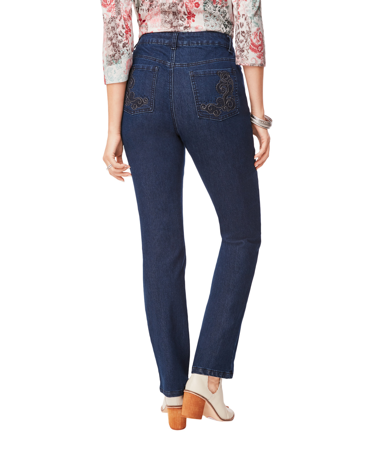 Dark Wash Denim Jeans With Rhinestone Pockets