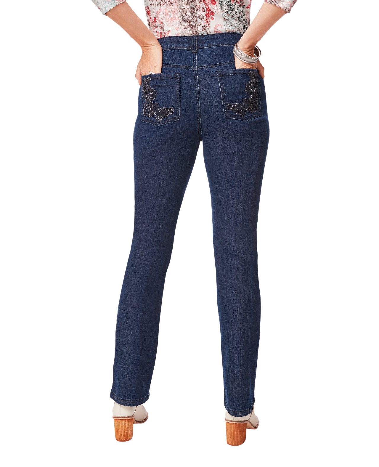 Dark Wash Denim Jeans With Rhinestone Pockets