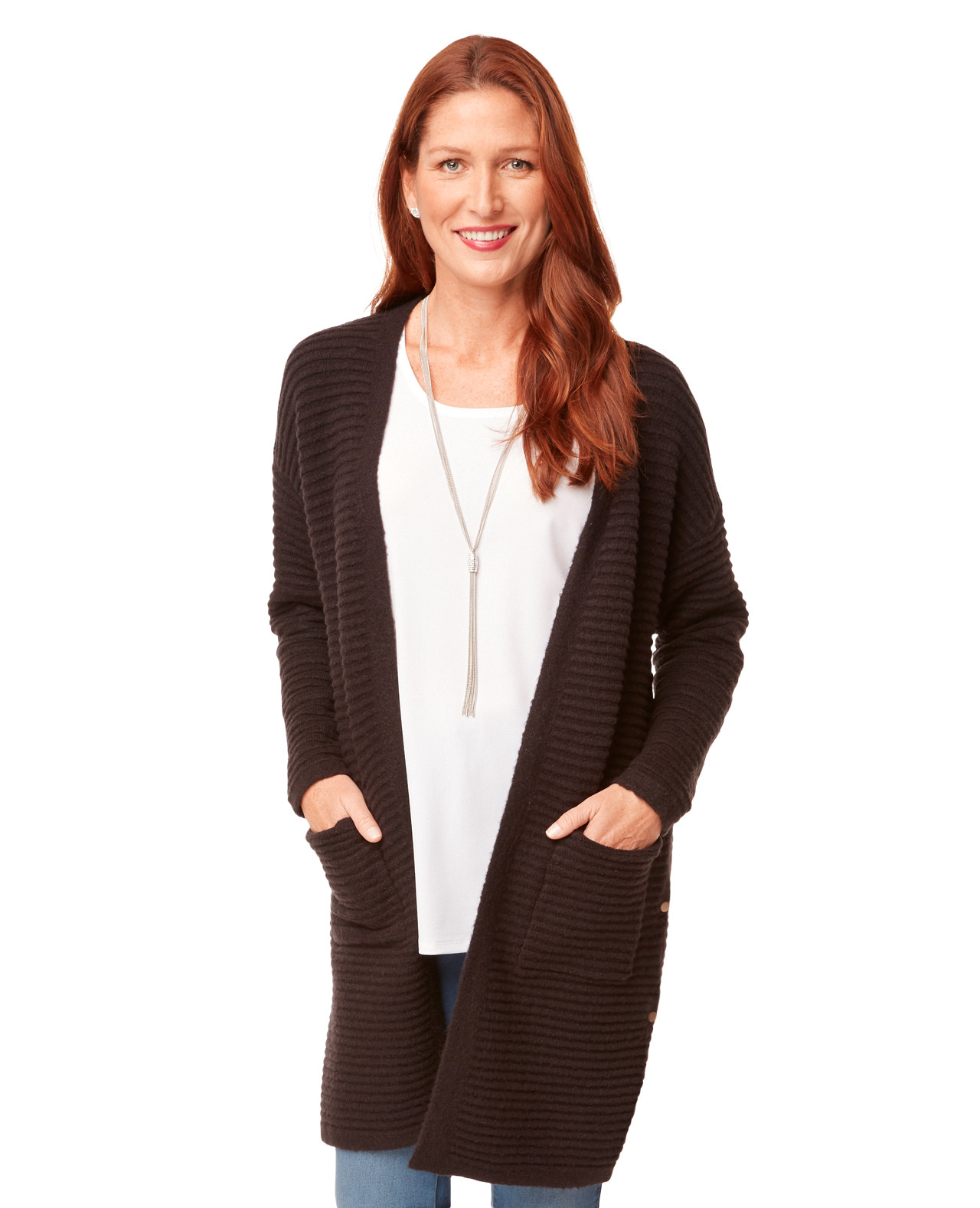 Ribbed Long Cardigan With Side Buttons