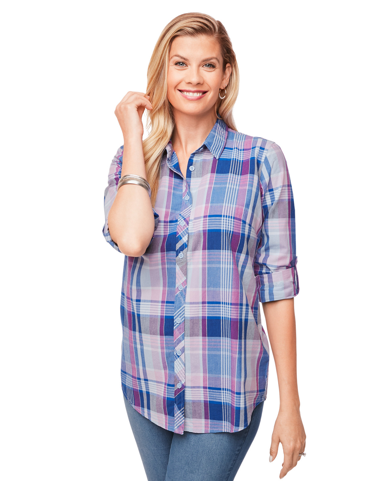 Women's Blue Plaid Shirt With Roll Sleeves