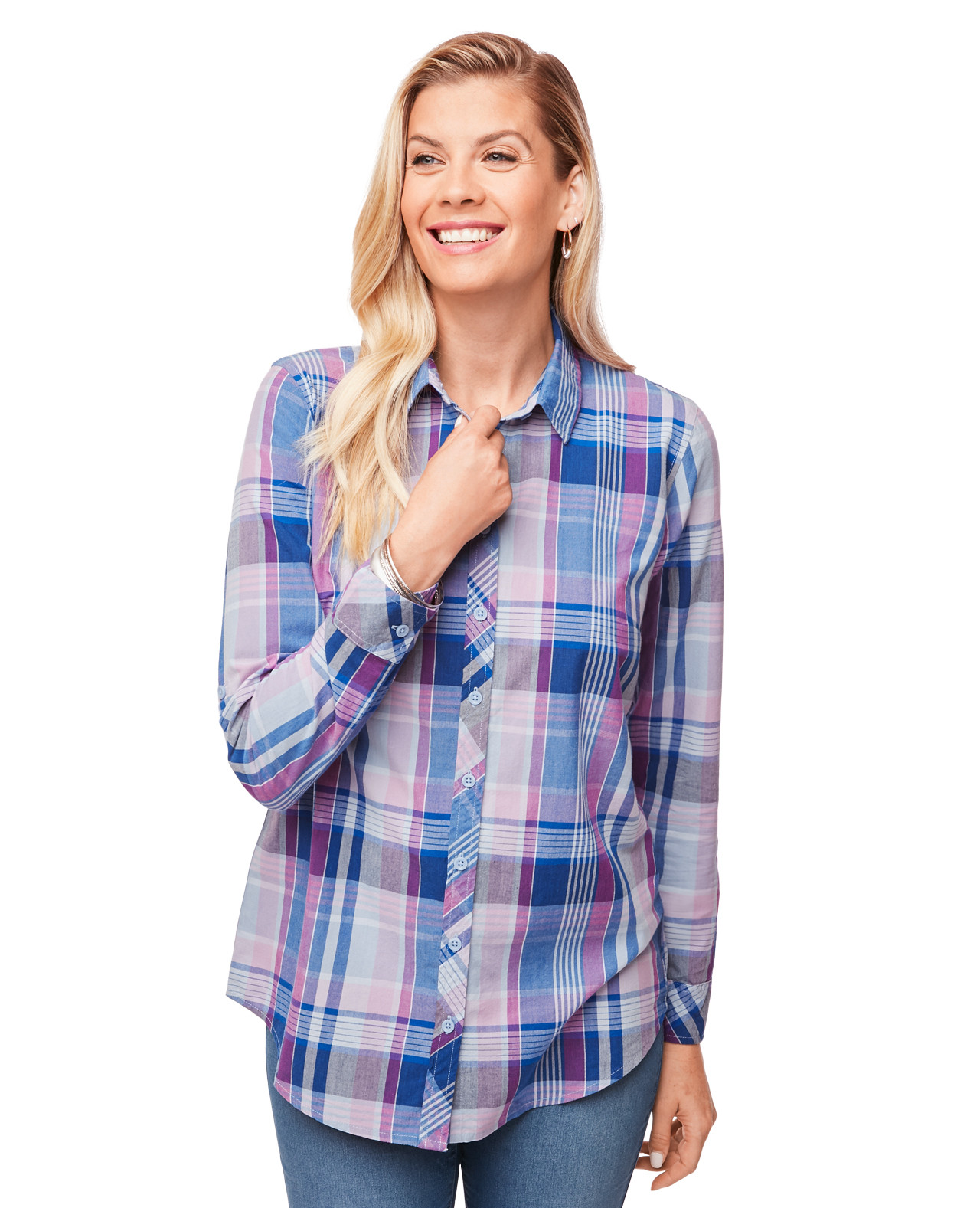 Women's Blue Plaid Shirt With Roll Sleeves