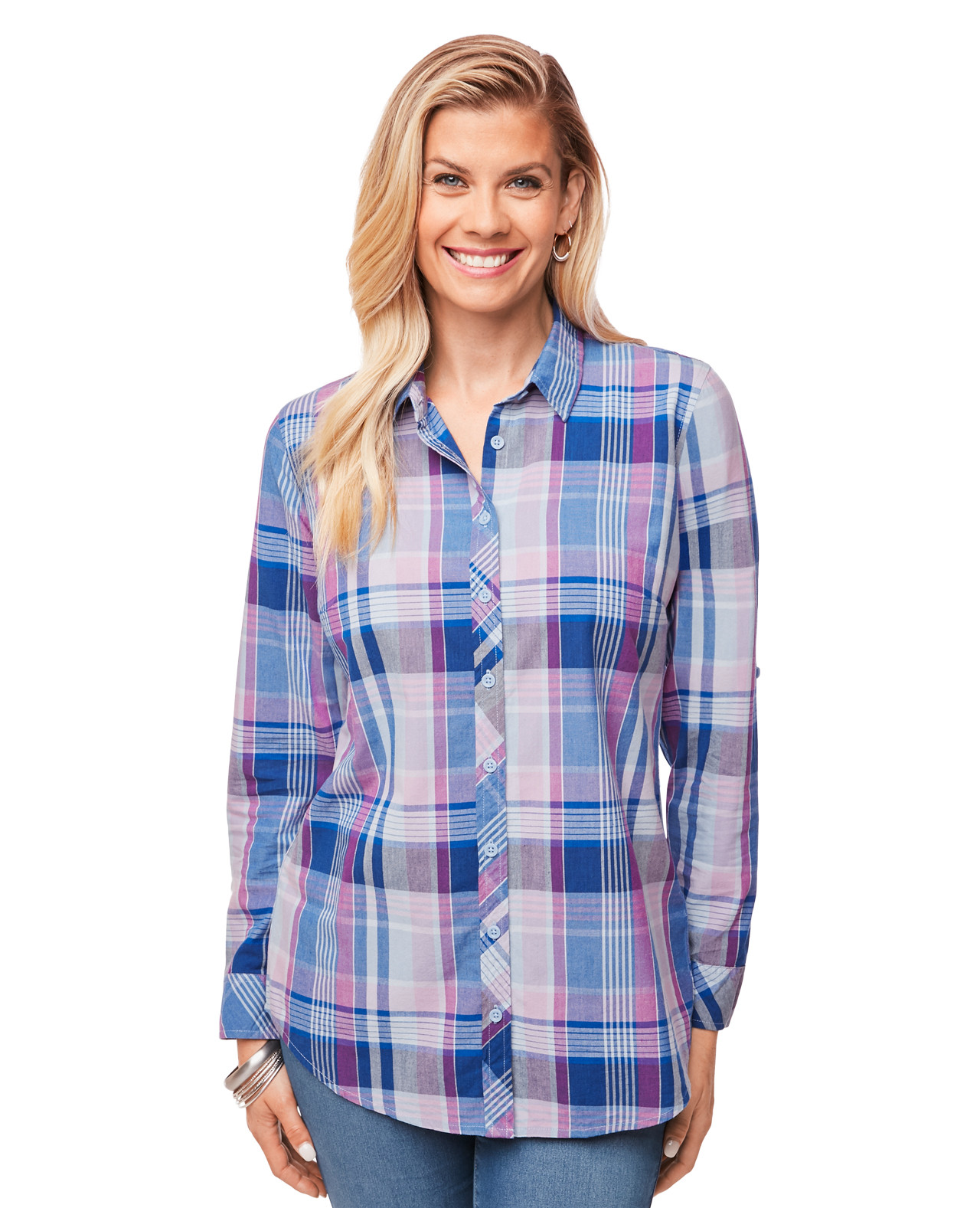 Women's Blue Plaid Shirt With Roll Sleeves