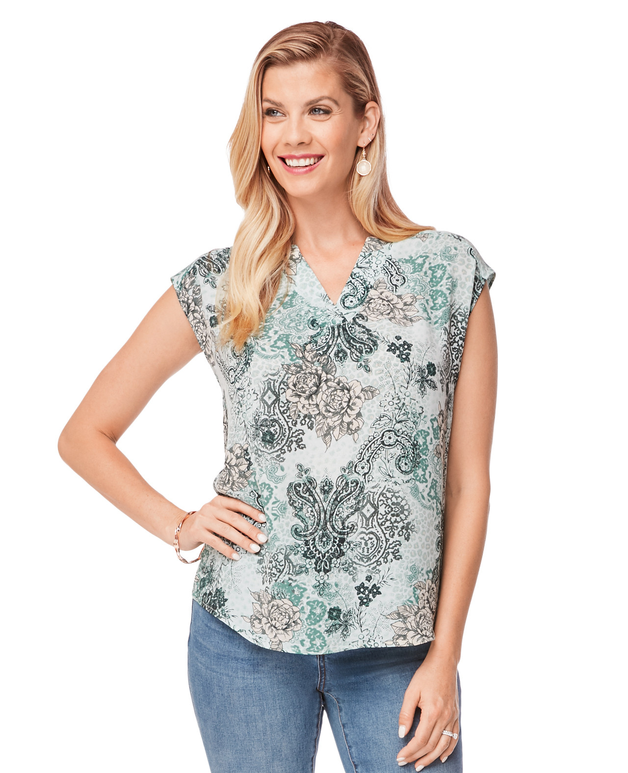 Green Printed V-Neck Blouse