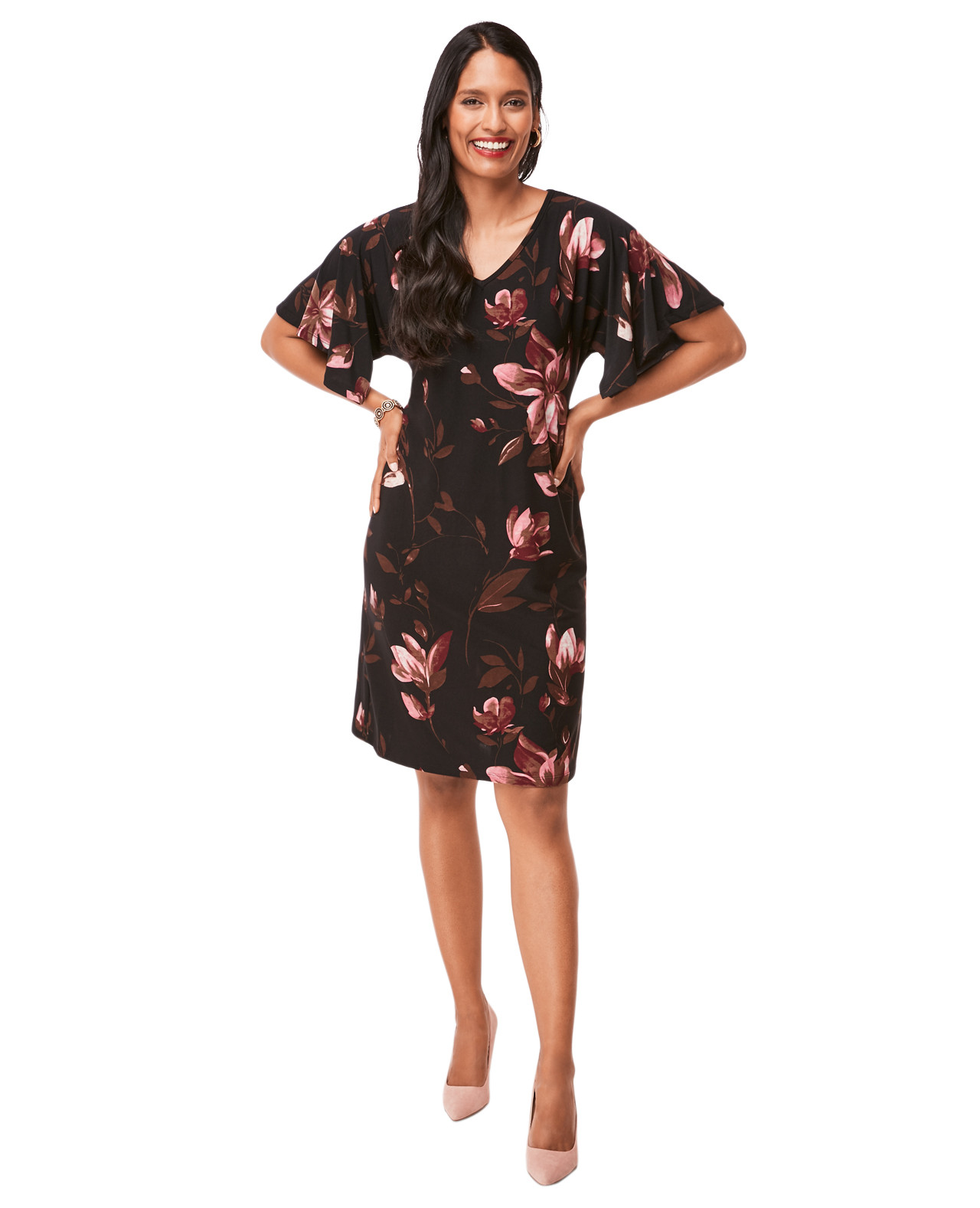 V-Neck Flutter Sleeve Dress
