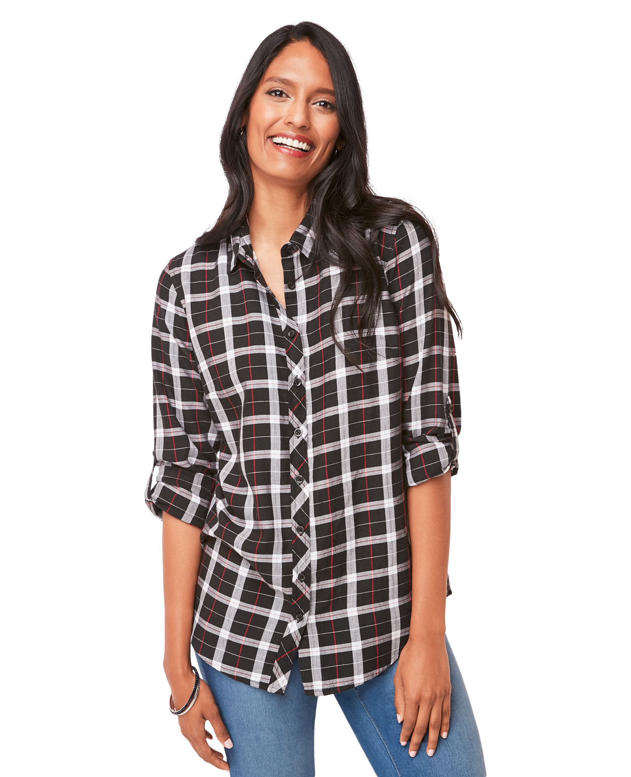 Roll-Tab Sleeve Plaid Shirt