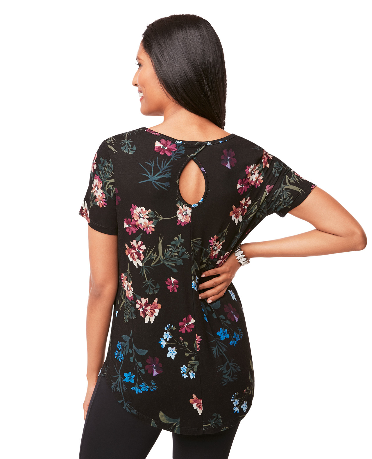 Floral Print Tee With Keyhole