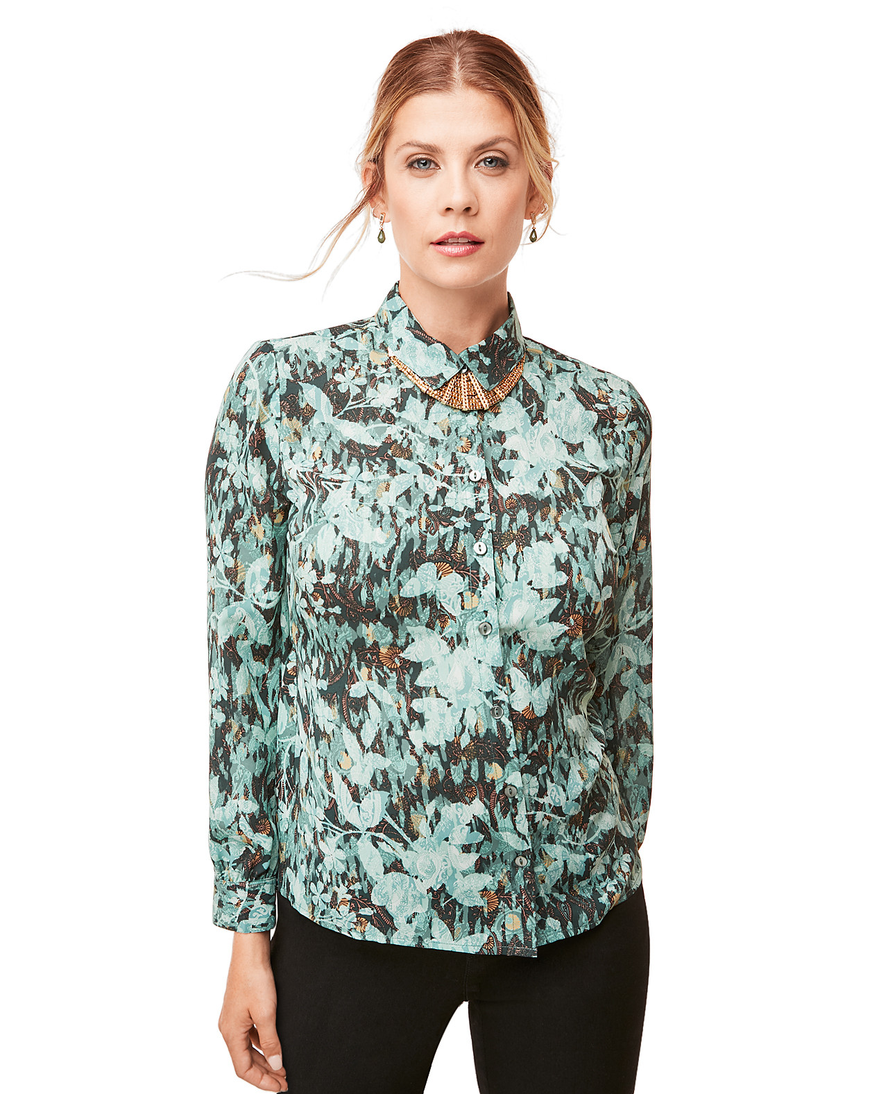 Green Printed Button Front Shirt