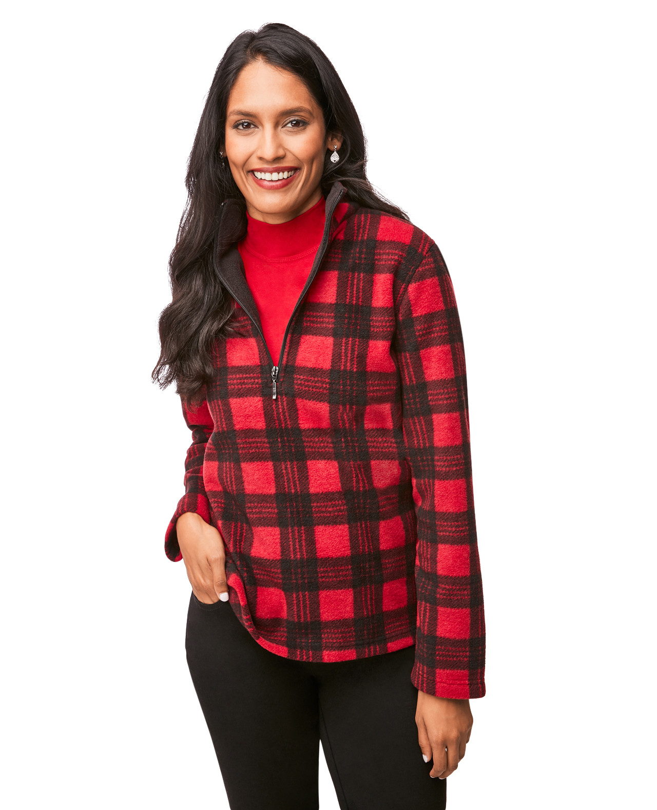 Red Plaid Fleece Zip-Up Sweater