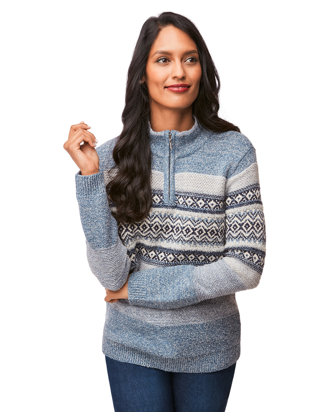 Blue Mock Neck Jacquard Sweater