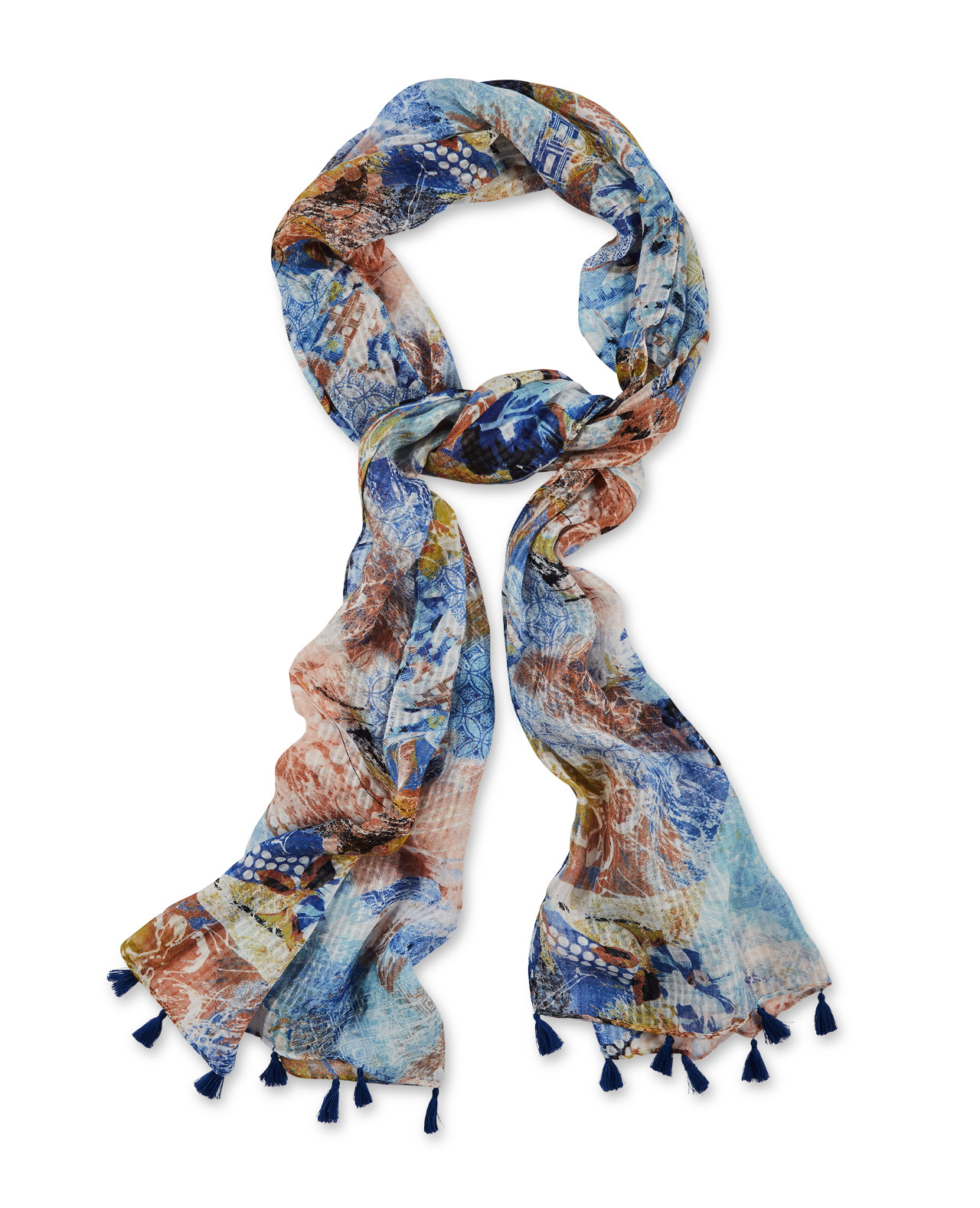 Blue Floral Scarf With Tassels