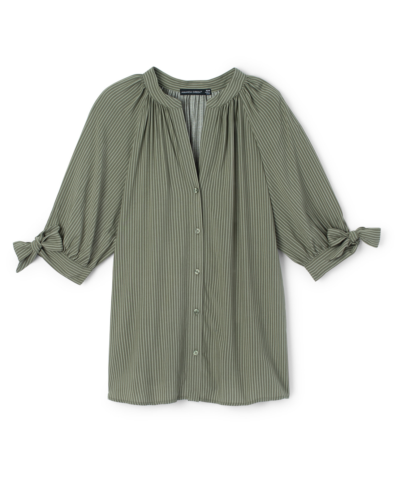 Green Striped Bow Sleeve Blouse