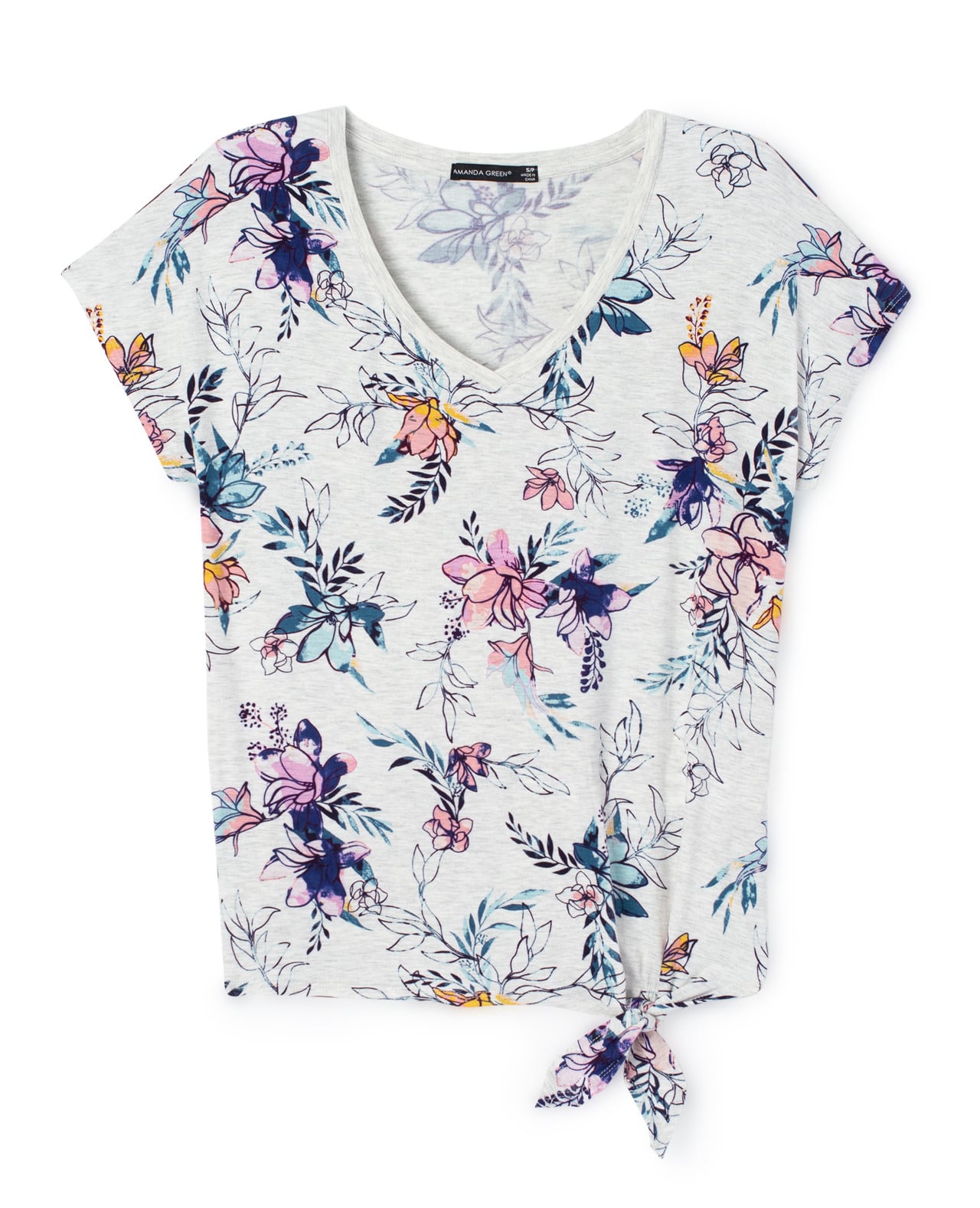 Grey V-Neck Floral Print Tie Tee