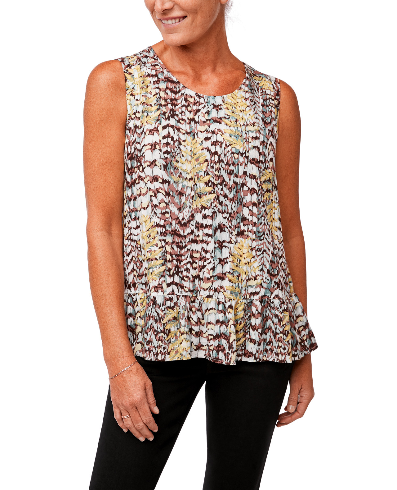 Women's Sleeveless Peplum Shell Top On Model Front View