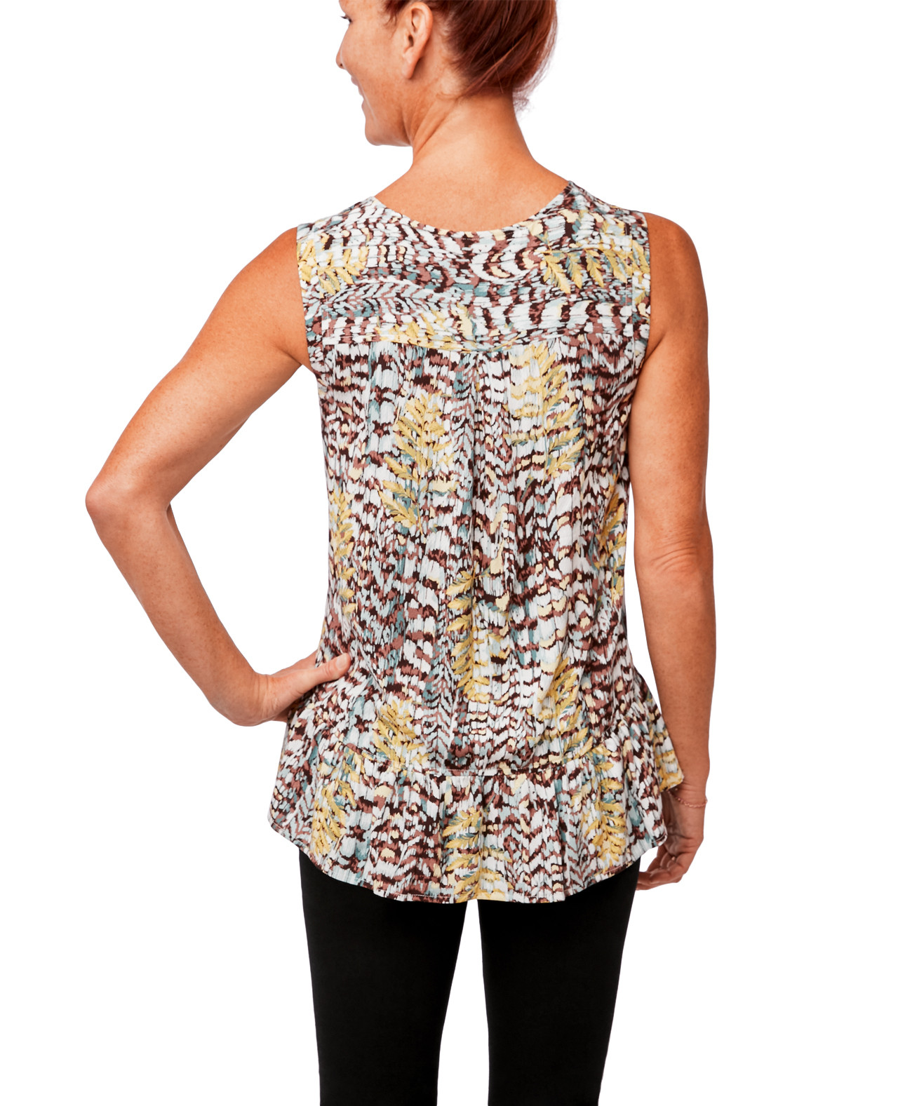 Women's Sleeveless Peplum Shell Top On Model Back View
