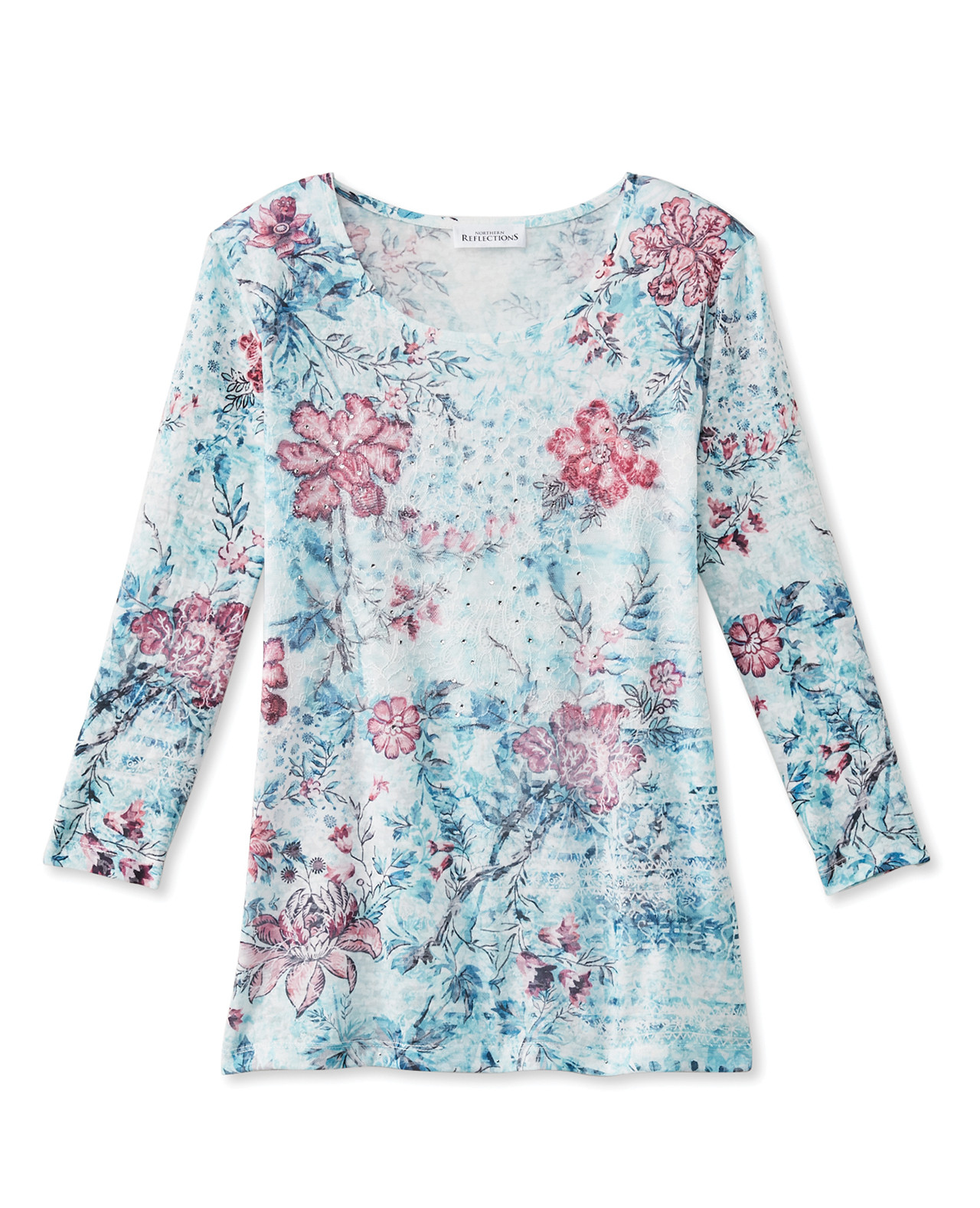 Front view of Women's Three Quarter Sleeve Sublimation Top