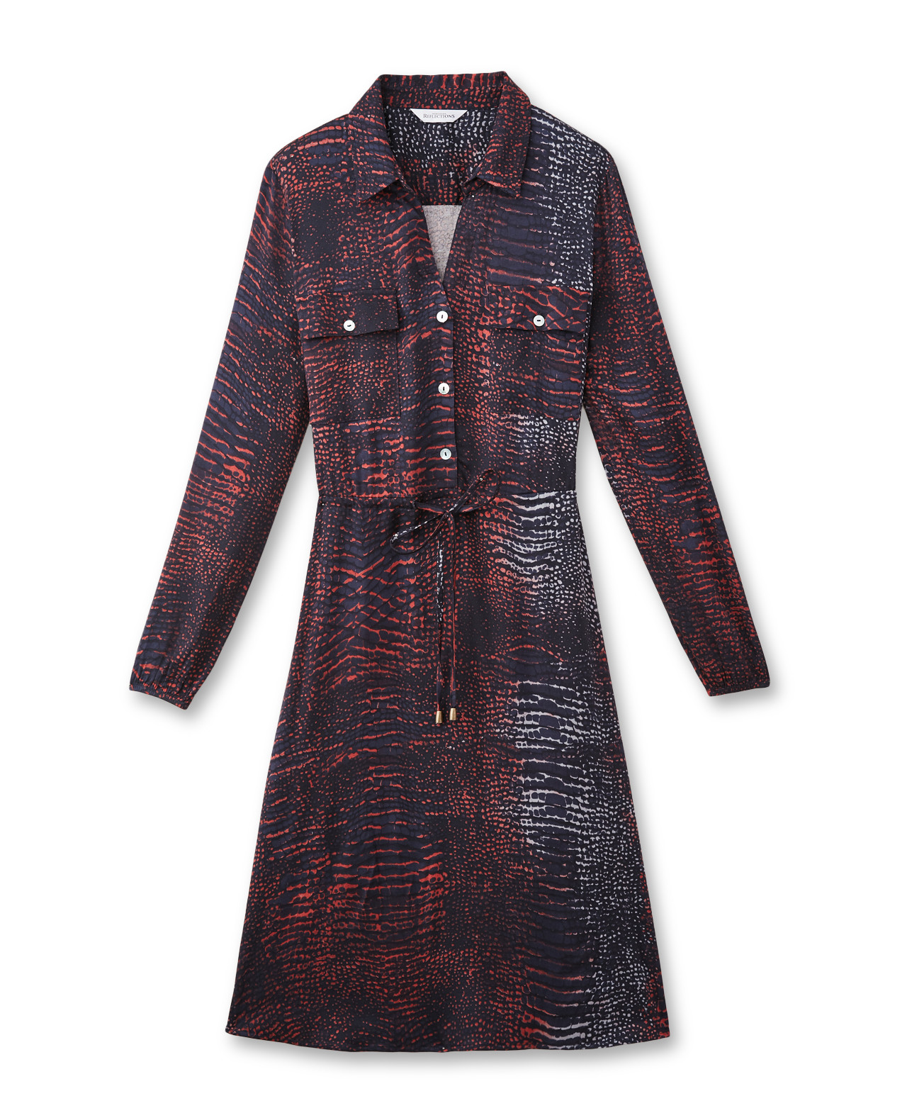 Blue Tie Waist Long Sleeve Shirt Dress Front View