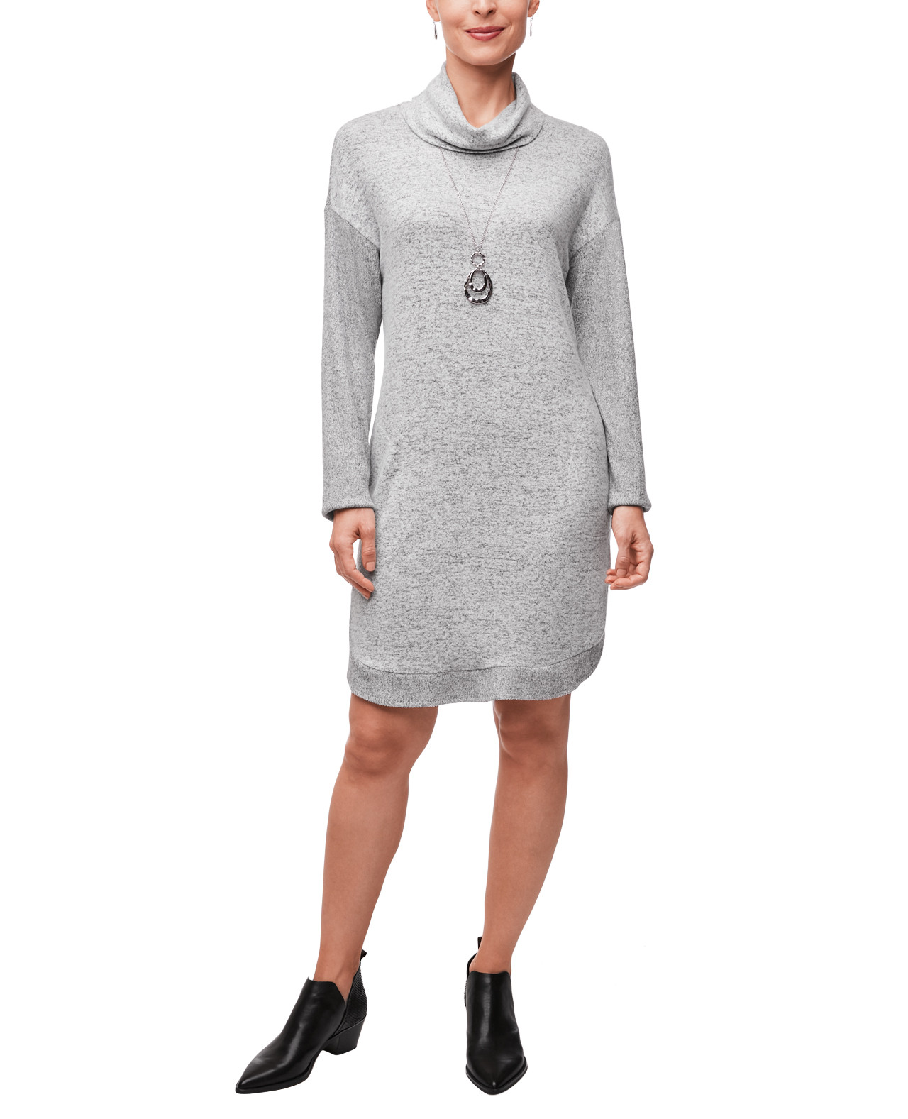 Relaxed fit knee length Grey Cowl Neck Dress With Pockets on model