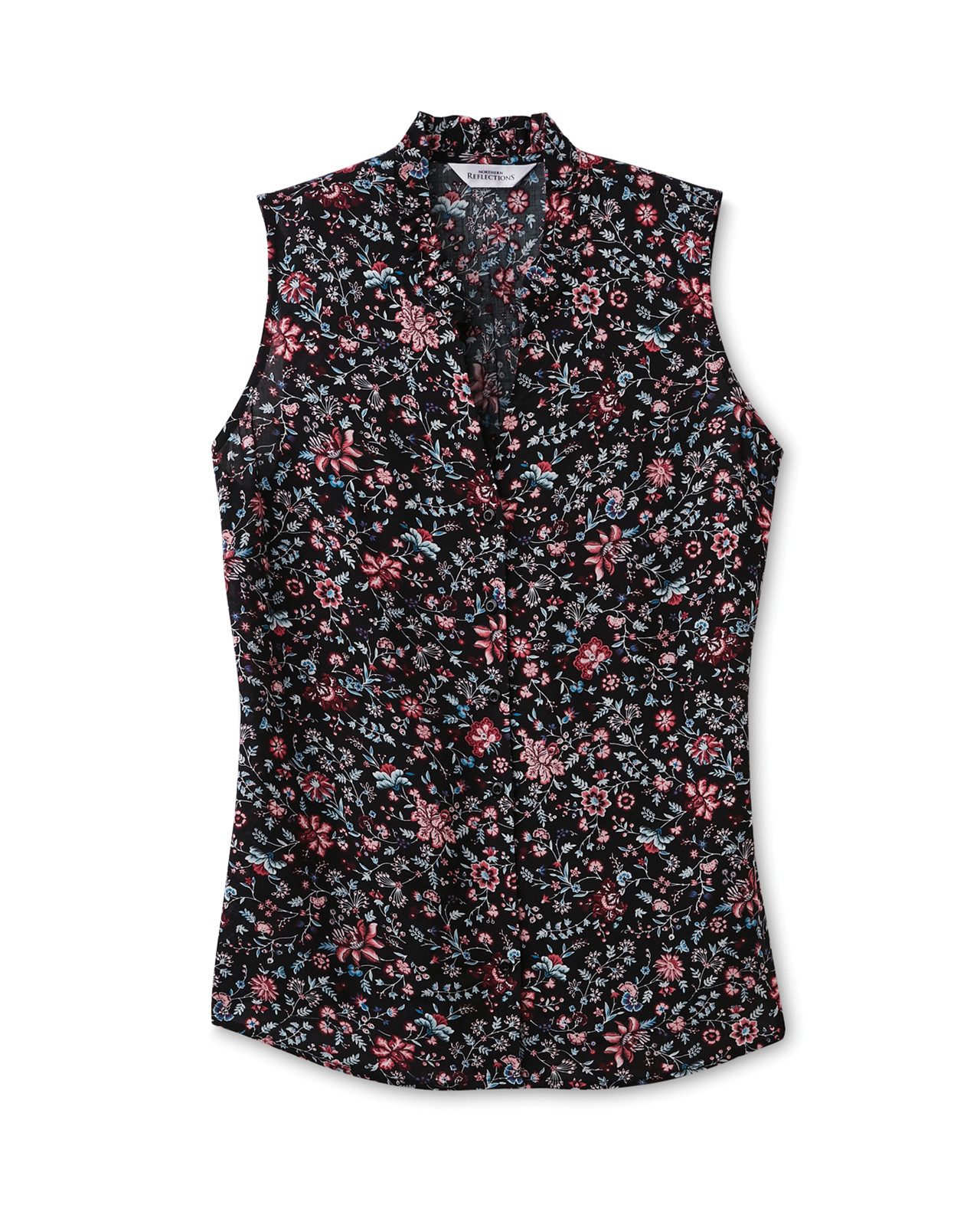 Front view of Women's Sleeveless Ruffle Collar Shirt