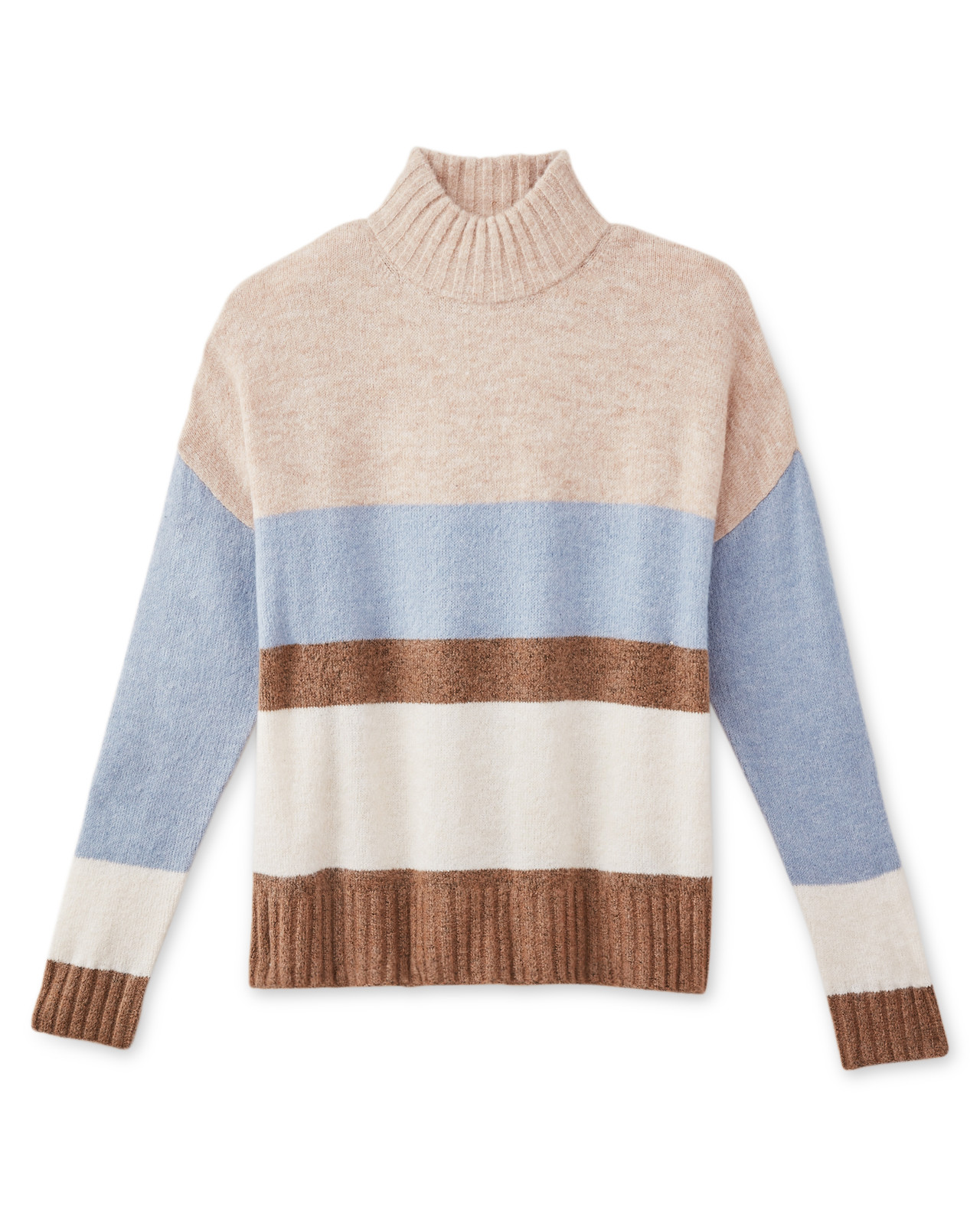 Blue and Brown Striped Mock Neck Long Sleeve Sweater Front View