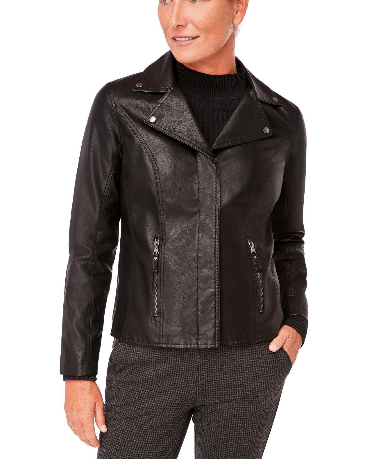 Front View of Moto Vegan Leather Jacket On Model