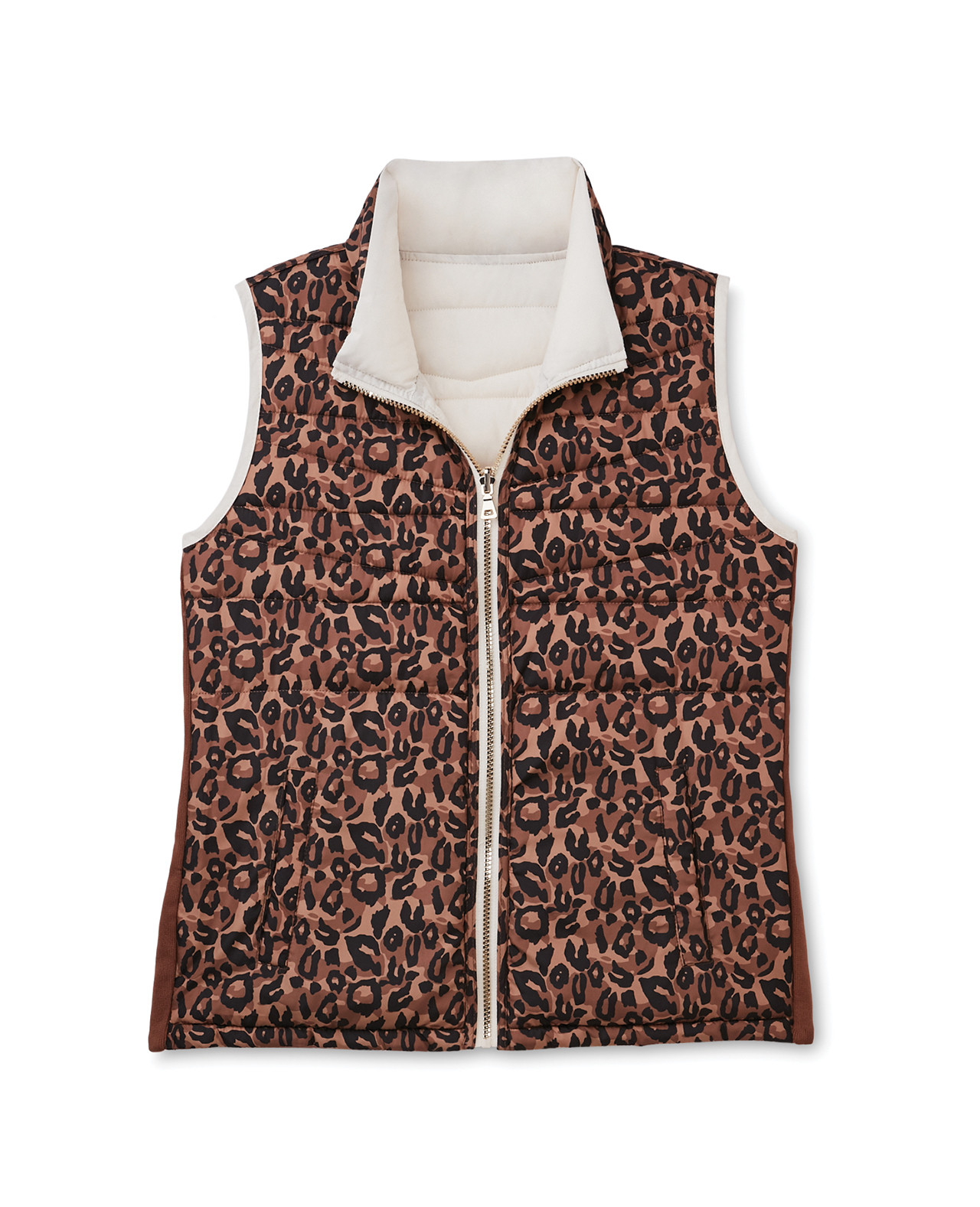 Front View of Reversible Quilted Puffer Vest - Reverse Side Leopard Print