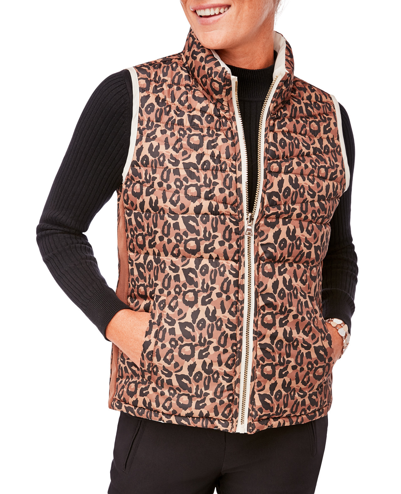 Front View of Reversible Quilted Puffer Vest On Model - Reverse Leopard Side