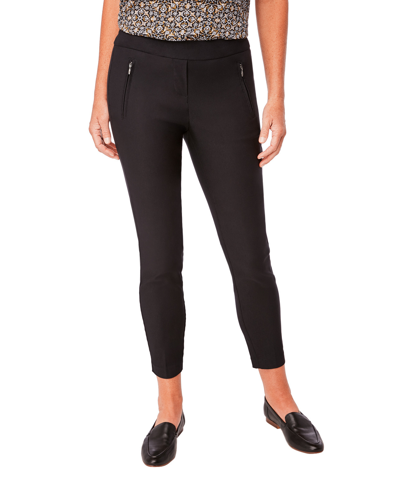 Front view Fashion Length Stretch Pant With Zipper Pocket Tucked In Top