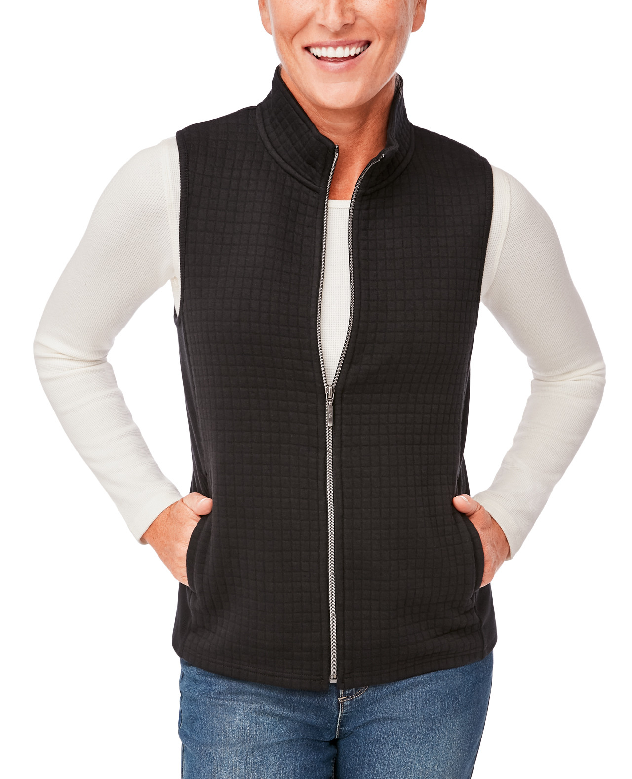 Front View of Quilted Rib Panel Vest On Model