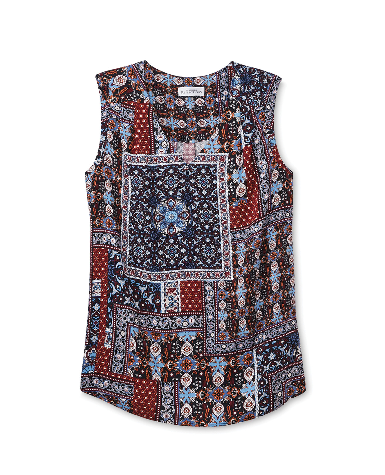 Front View of V-Neck Sleeveless Patchwork Top