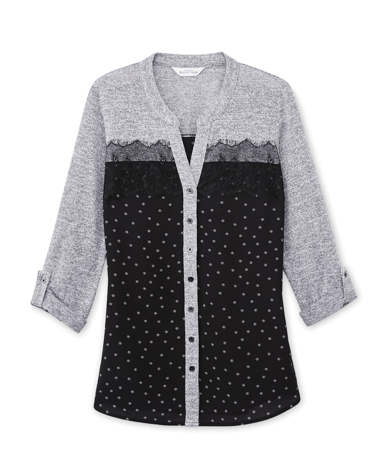 Front view of Petite - Mix Media Roll Tab Shirt