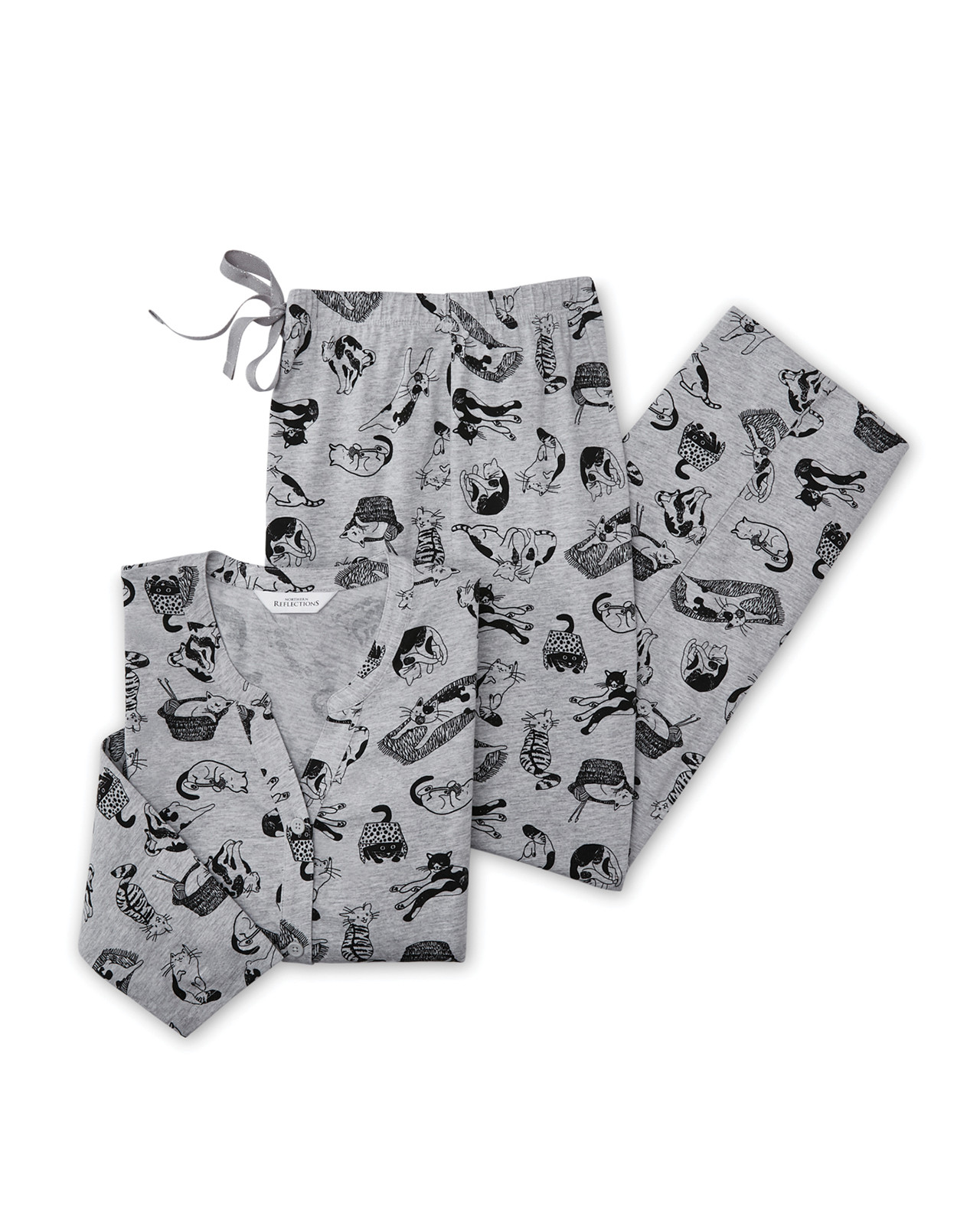Front View of Cat Print Jersey Pyjama Set