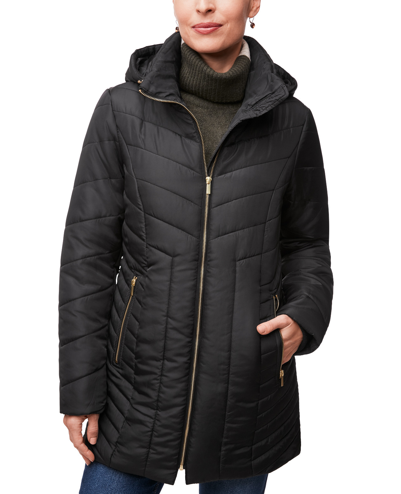Front view of Women's Contrast Trim Quilted Jacket ZIpped