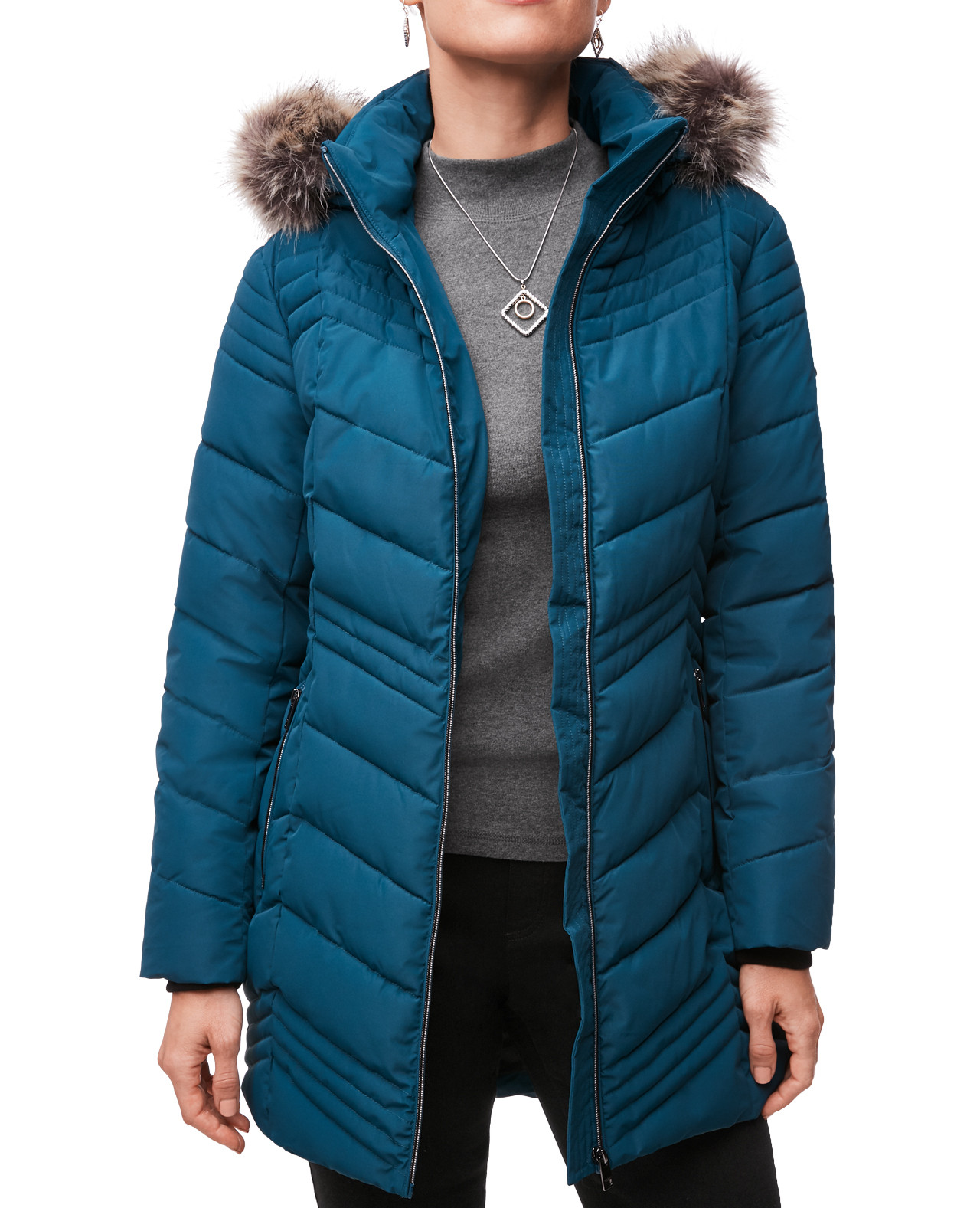 Front view of Women's Quilted Jacket With Removable Hood