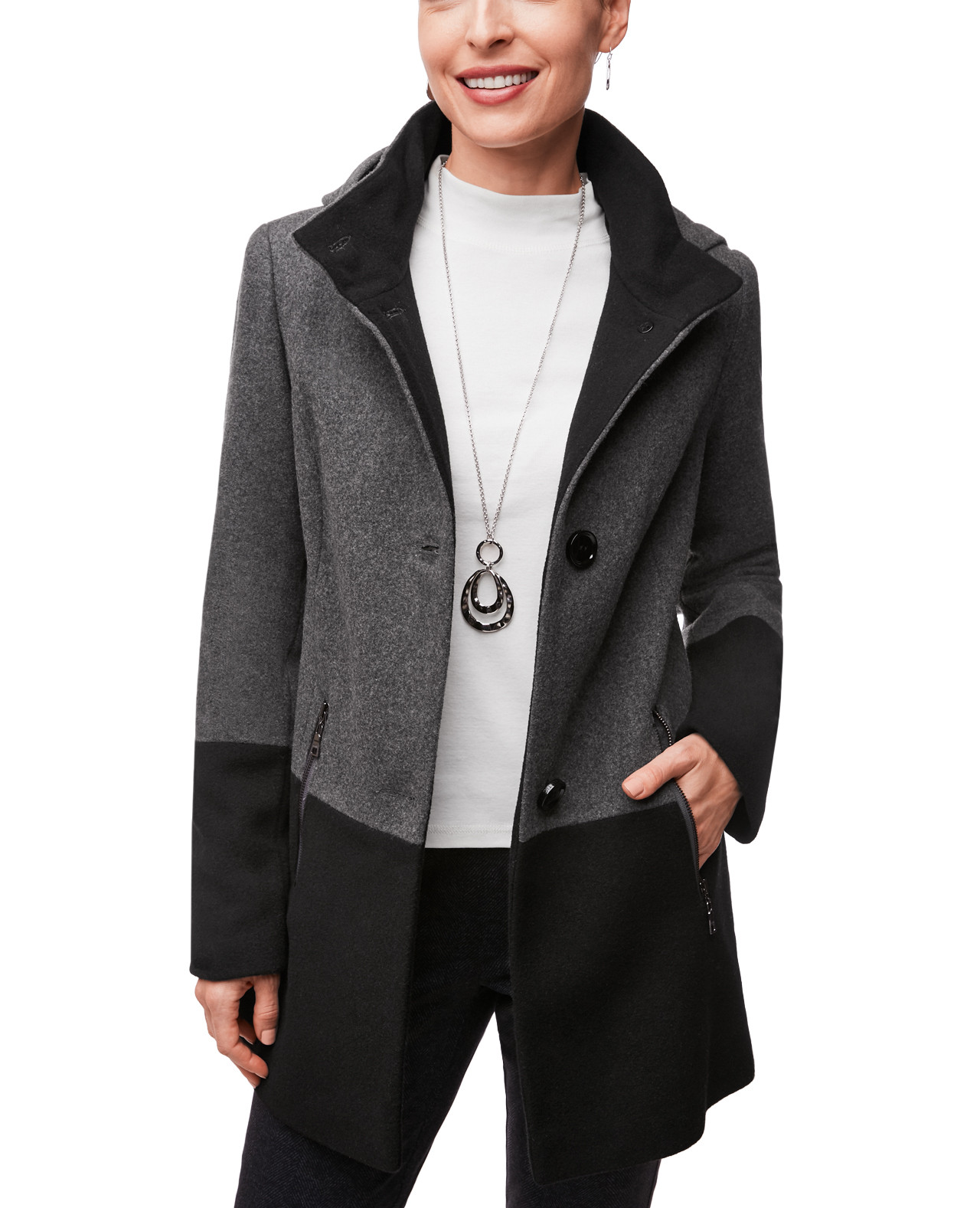Unzipped view of Women's Colour Block Cloth Coat