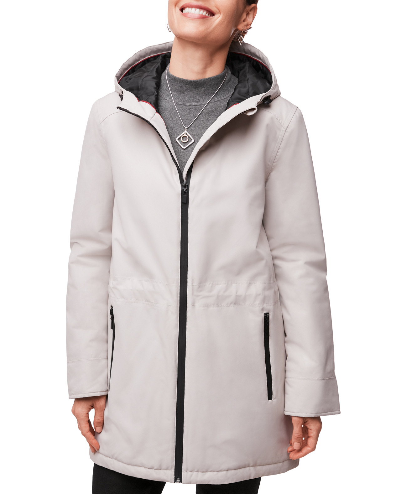 Front view of Women's Waterproof Hooded Jacket Zipped Up