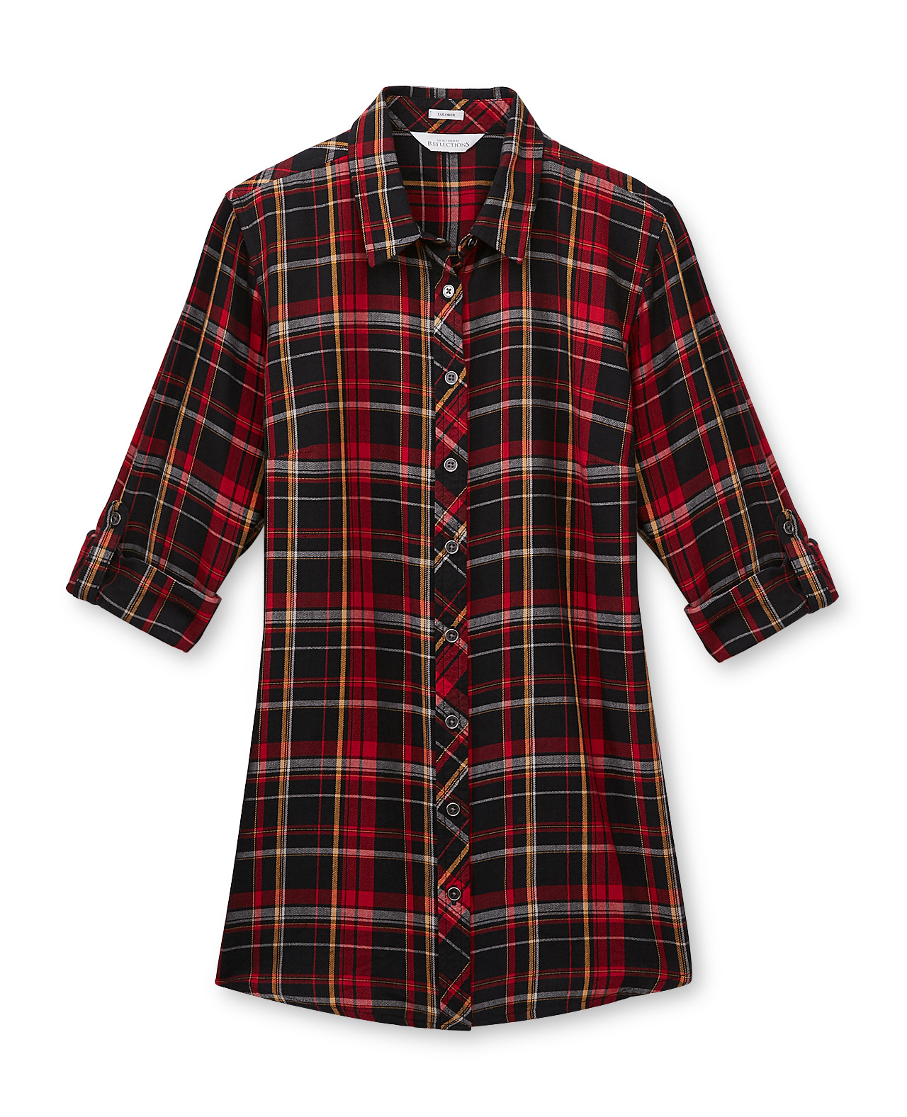 Front view of Women's Roll Tab Shirt - Red and black. Sleeves rolled up