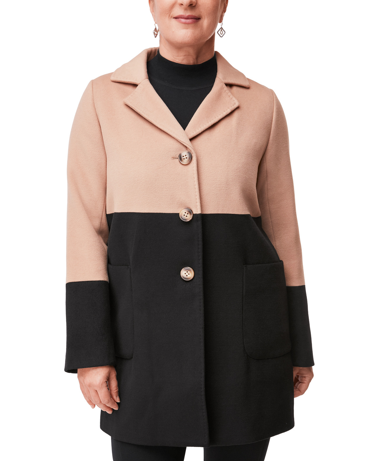 Women's Colour Block Wool Blend Coat Front View Buttoned Up