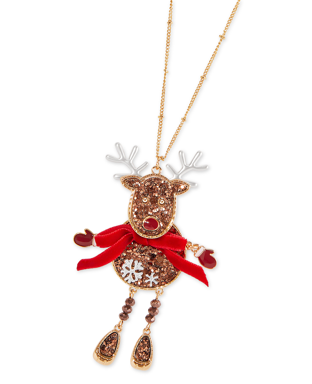 Gold Toned Long Dangling Reindeer Necklace Close Up