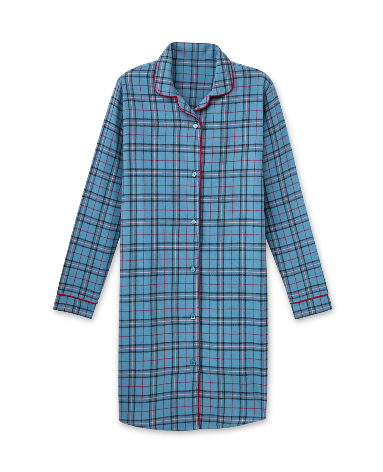 Front view of Relaxed Blue Plaid Nightshirt. Button front.