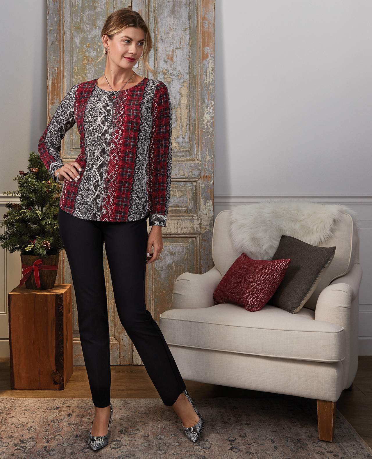 Front View of Animal Stripe Curved Hem Blouse Marketing Shot