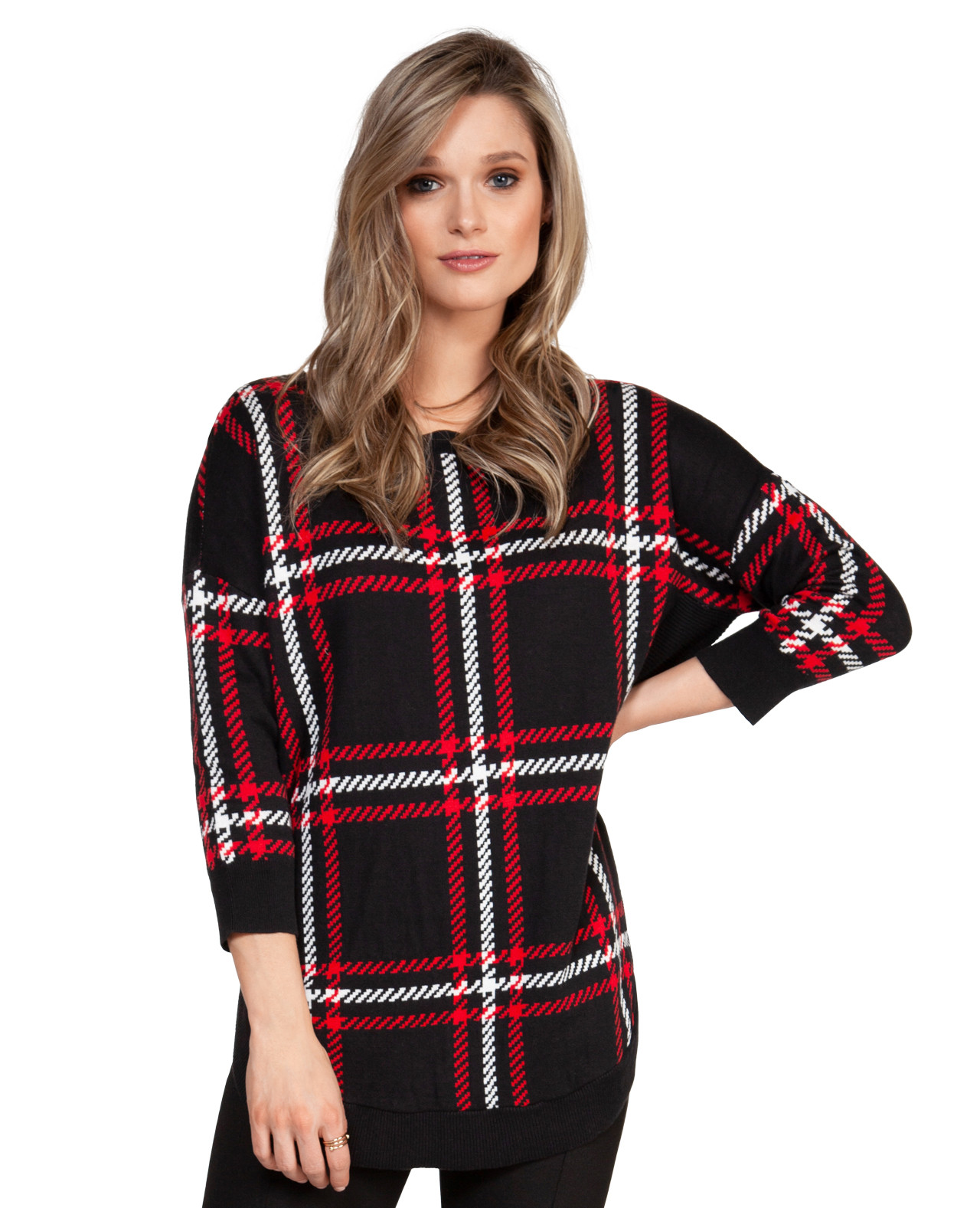 Curved Hem Plaid Pullover Sweater Front View
