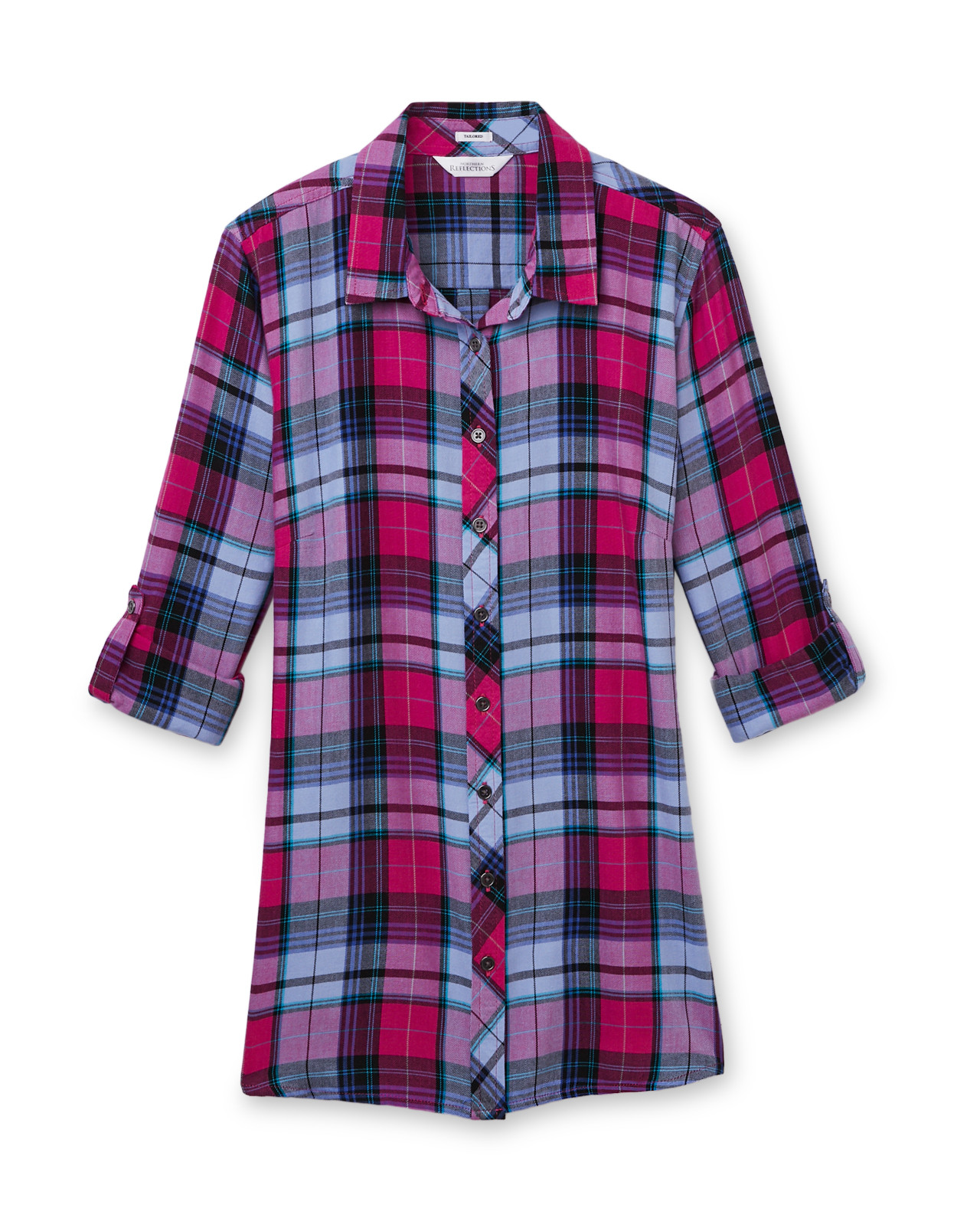 Front View of Women's  Magenta Plaid Roll Tab Shirt Rolled Up Sleeves